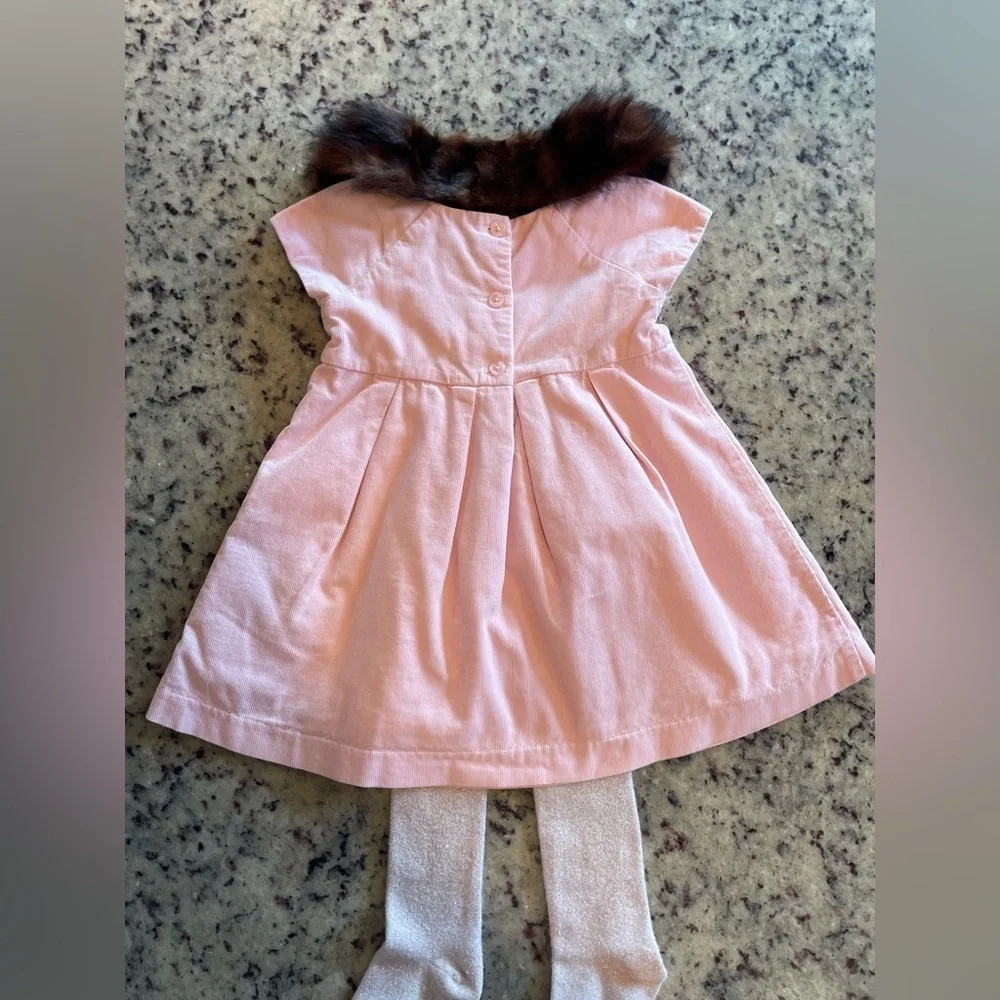 Baby gap Pink cotton Corduroy Dress with sparkle tights and genuine fur collar
